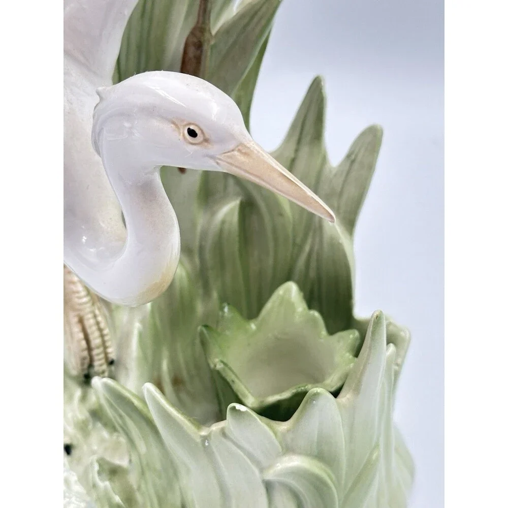 Vintage Fitz & Floyd Egret Heron Candleholder 1986 Porcelain Reeds & Cattails